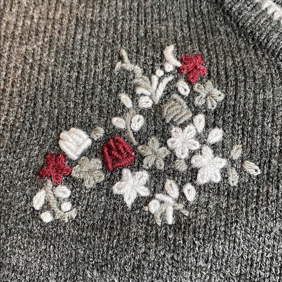 Vintage 90s Laura Scott Cottagecore Winter Grey Floral Embroidered Knit Cardigan - Picture 5 of 6